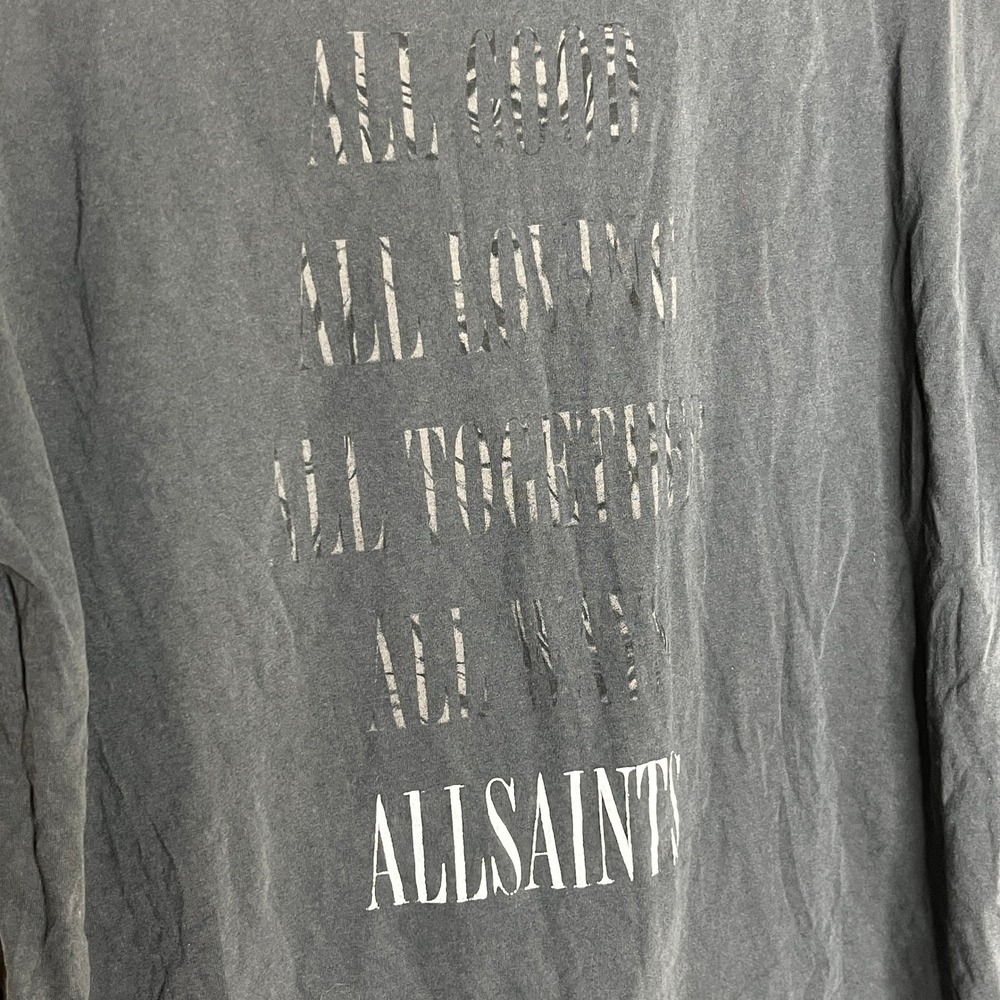 AllSaints Gray Cuffed Graphic T-Shirt Box Logo Cotton Tee Mens M/L Womens L - Picture 3 of 9